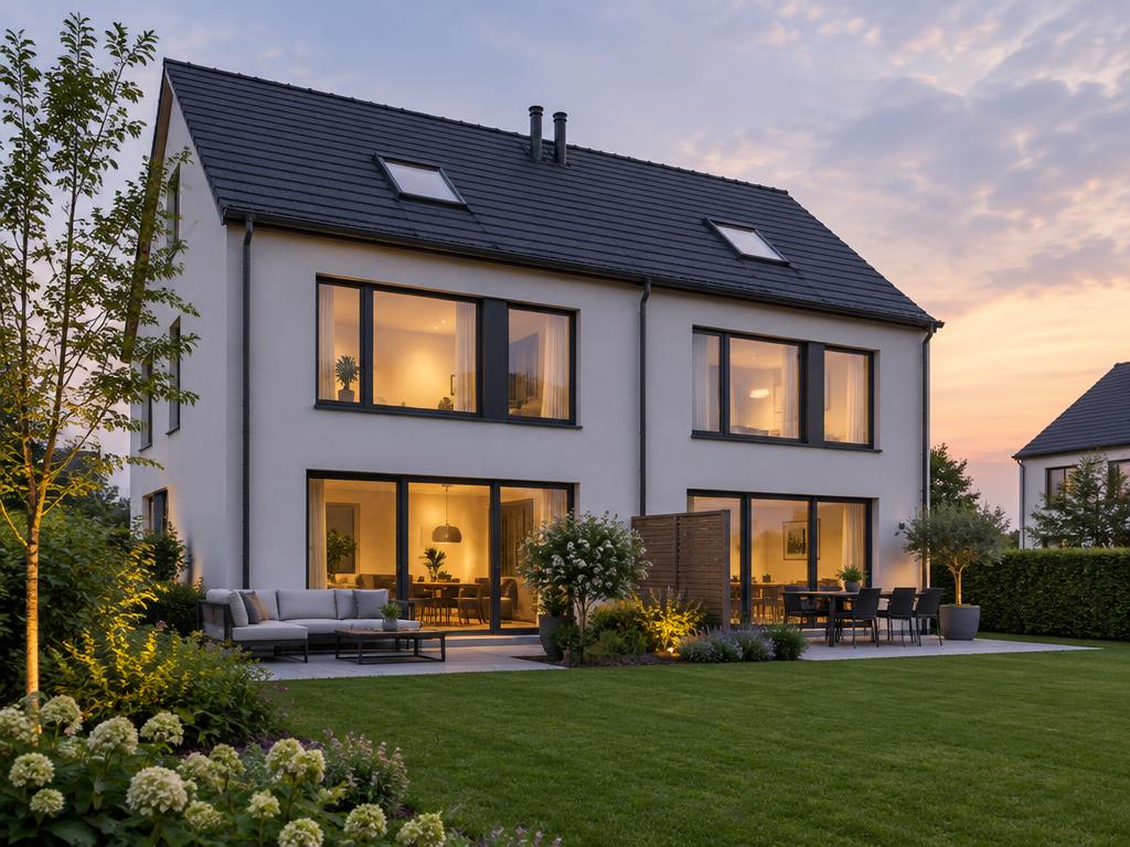 Einfamilienhaus mit Garten in der Abenddämmerung