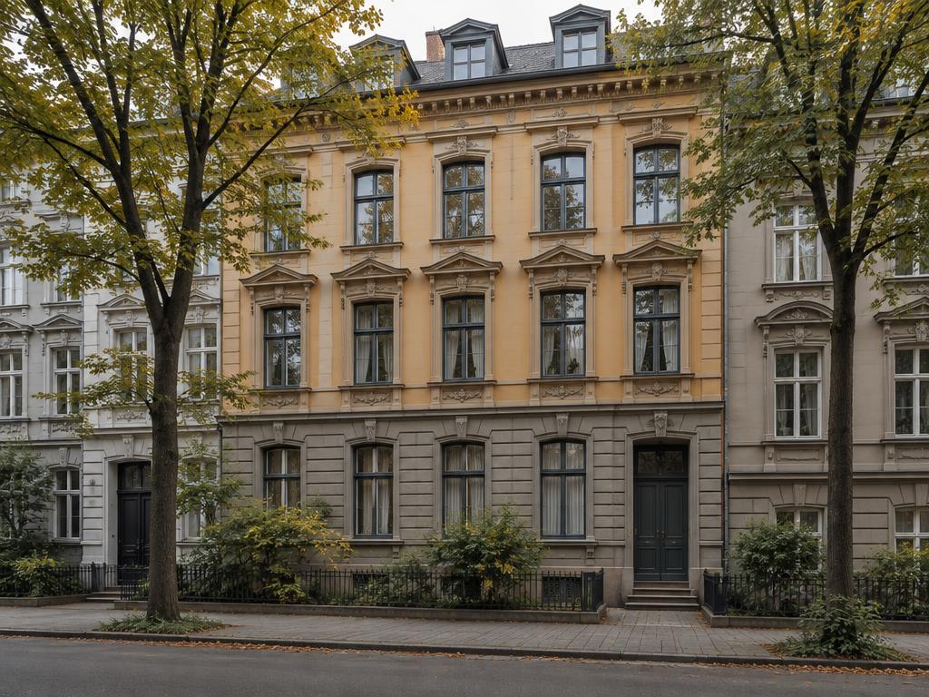 Straßenzug mit sanierten Altbaufassaden und Straßenbäumen