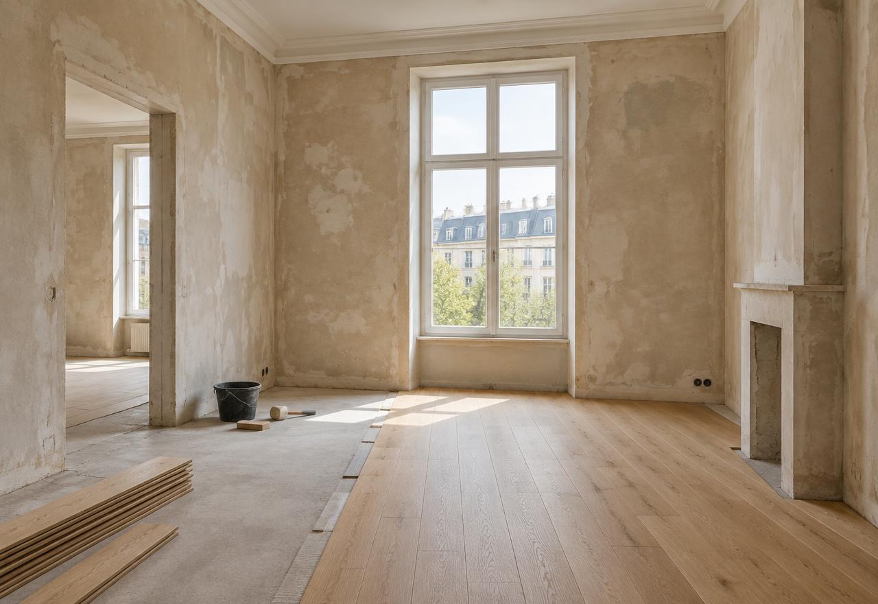 Wohnung während einer Sanierung mit neuem Holzboden