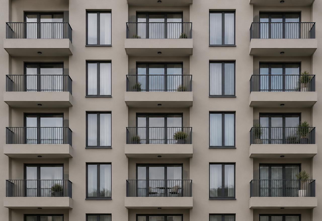 Fassade eines Mehrfamilienhauses mit regelmäßigen Balkonen